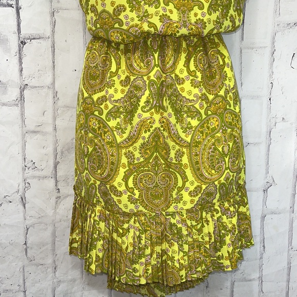 Banana Republic Dress Chartreuse Retro Paisley Sleeveless Tie Neck Pleated Hem - Picture 3 of 11